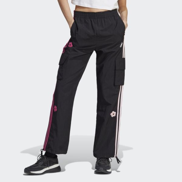 Adidas Black 3-Stripes Cargo Pants With Chenille Flower Patches