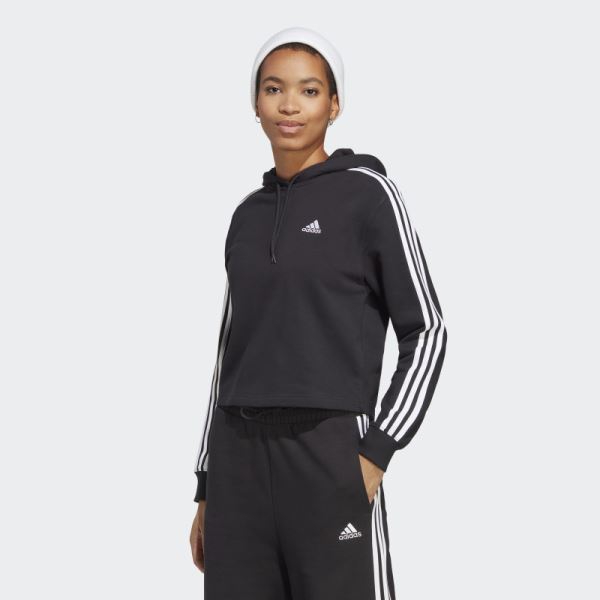Adidas Black Essentials 3-Stripes French Terry Crop Hoodie