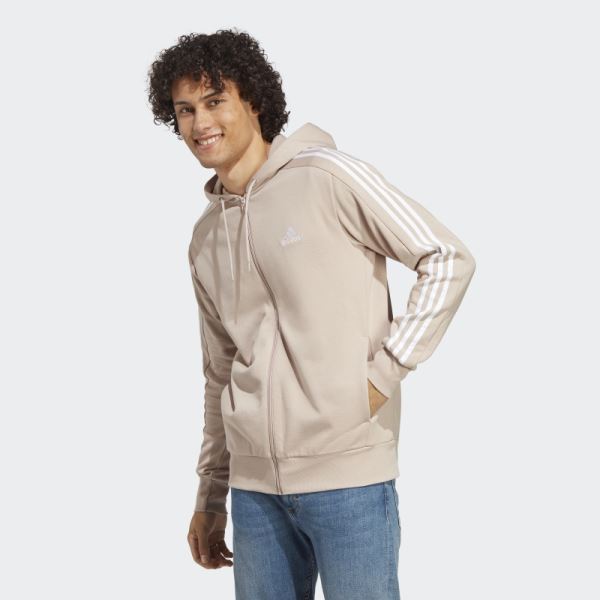 Adidas Taupe Essentials French Terry 3-Stripes Full-Zip Hoodie