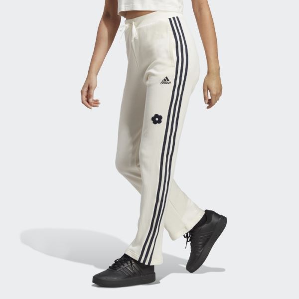 White 3-Stripes High Rise Joggers with Chenille Flower Patches Adidas